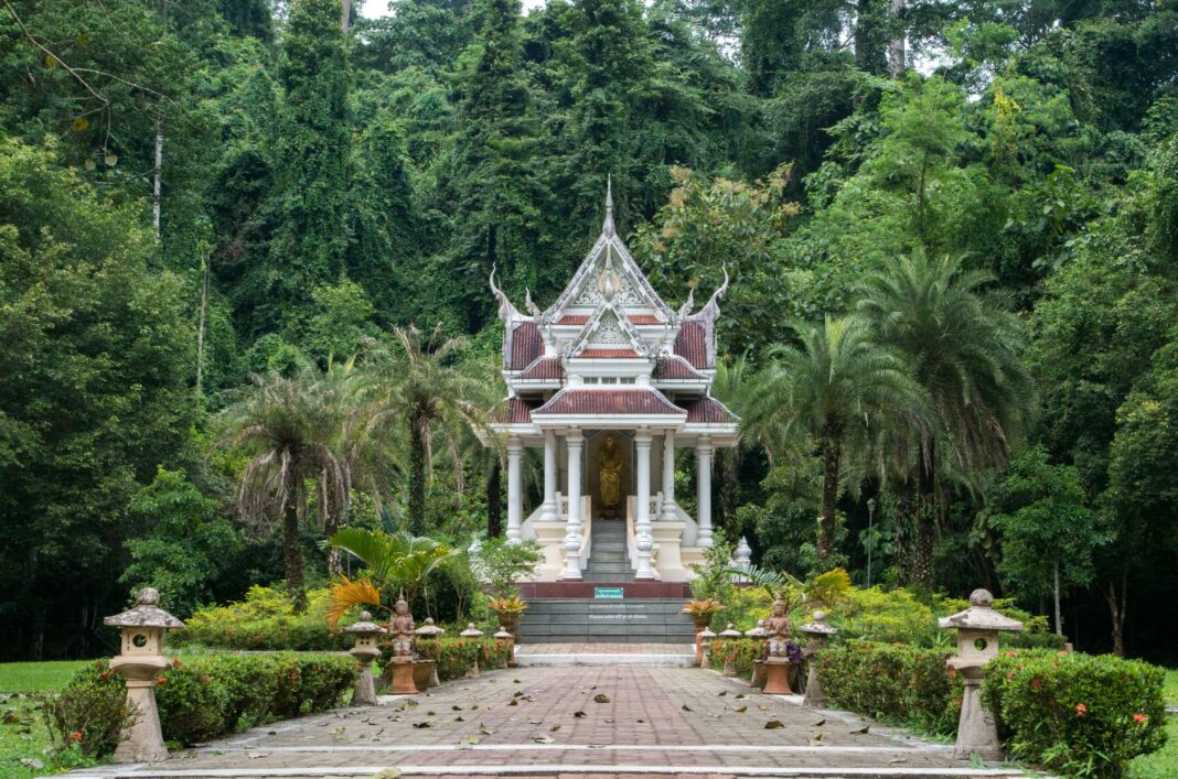 Tajski świątynny pawilon w gęstej dżungli w Chiang Dao Tajski świątynny pawilon w gęstej dżungli w Chiang Dao